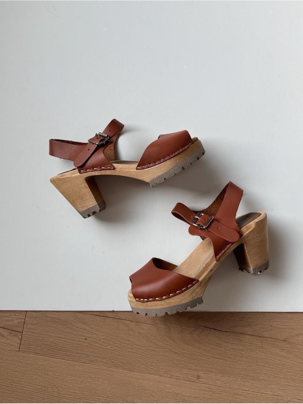 Mia Greta Swedish Wooden Heels Brown Leather Boho 36/6 Platform